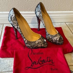 Christian Louboutin light pink satin, black lace Very Prive Peep Toe Platform